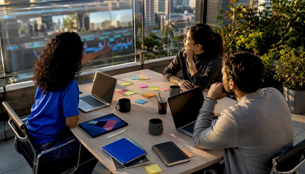 Diverse team collaborating on AI video project