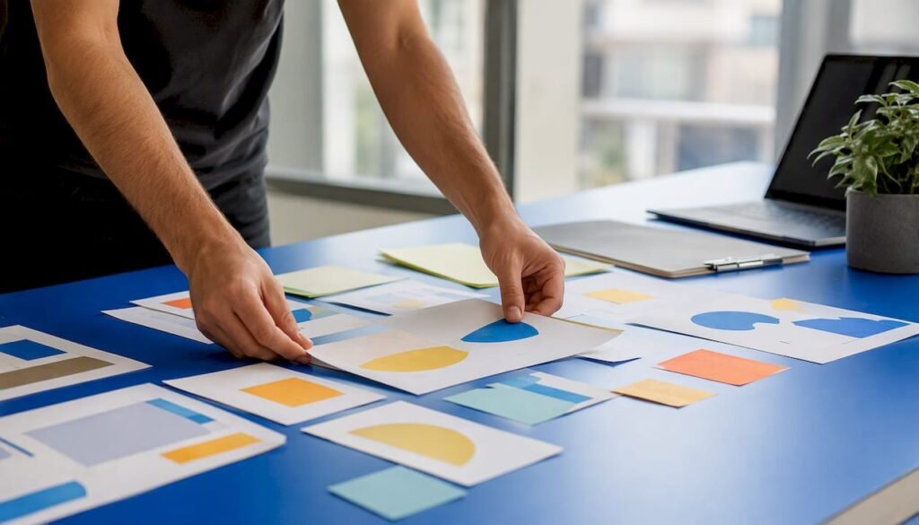 Hands arranging newsletter planning materials