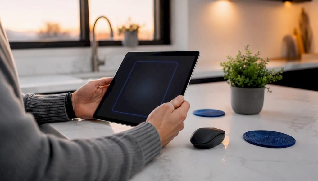 Hands holding smartphone and mouse on desk