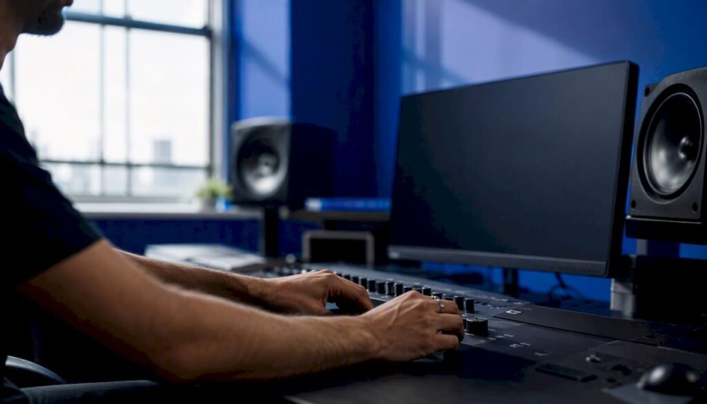 Hands operating video editing equipment