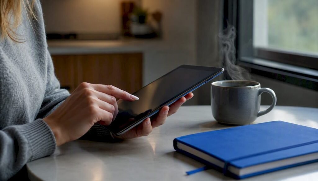 Hands holding tablet with blank screen