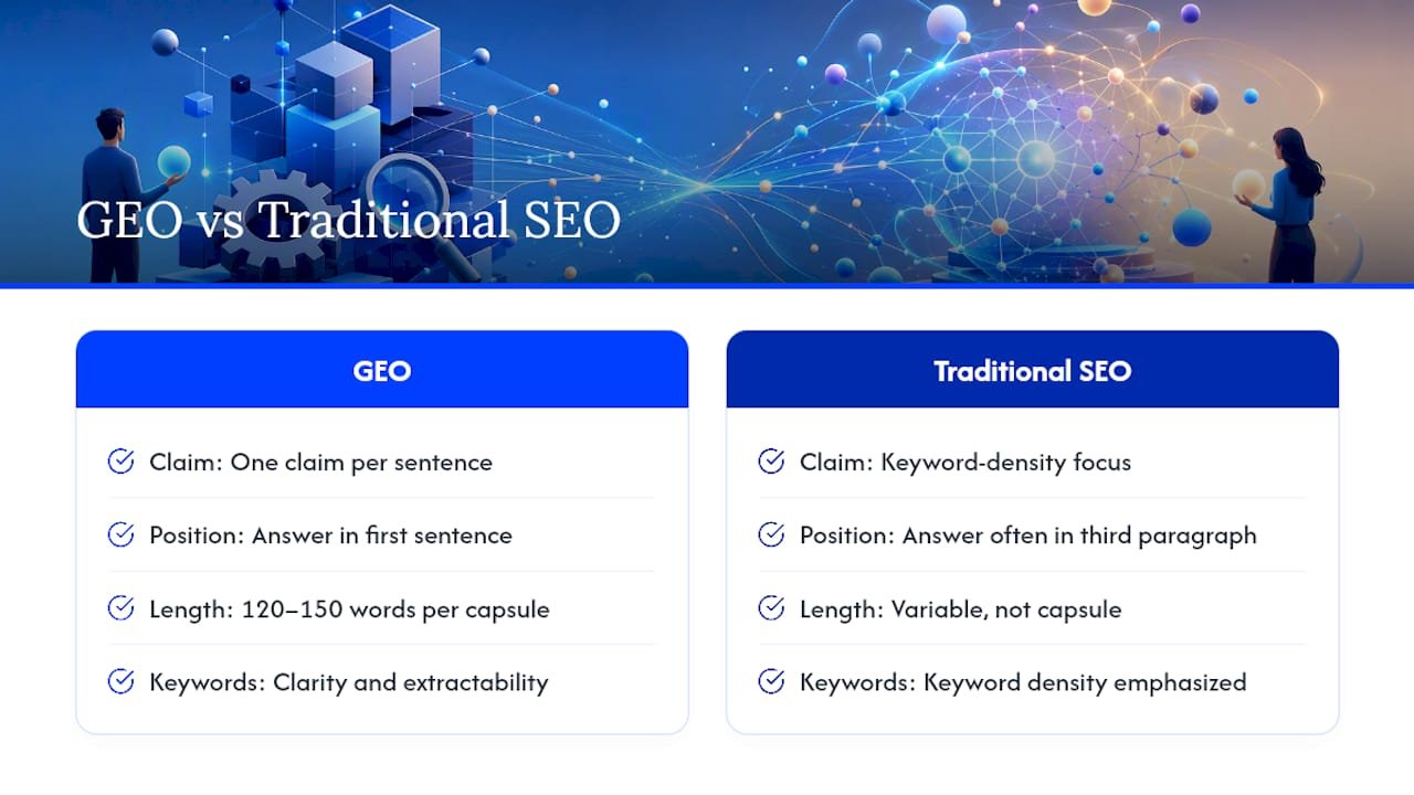 Comparison of GEO and SEO content strategies