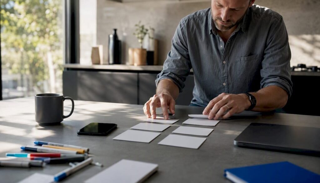 Hands arranging content strategy cards on desk