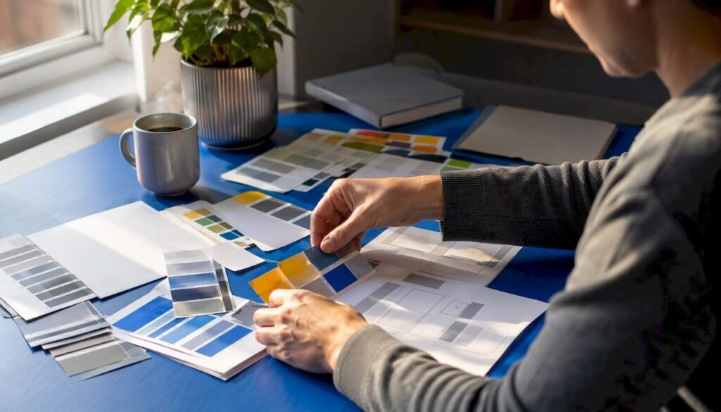 Hands arranging website theme wireframes