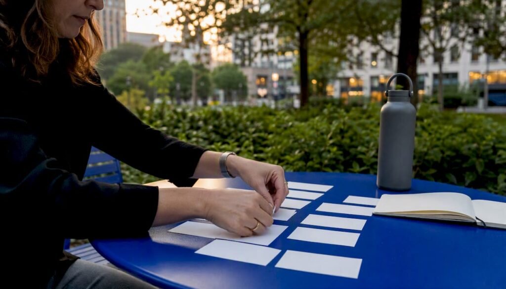 Hands arranging keyword research tool cards