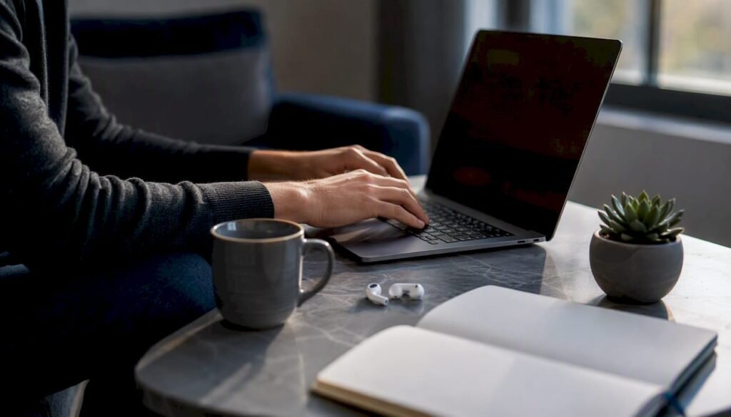 Hands typing on laptop at modern desk