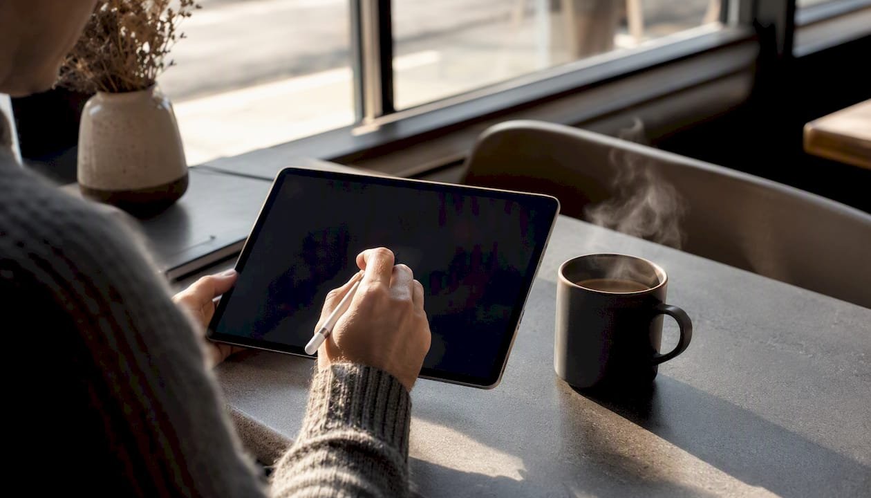Hands writing story outline on tablet with stylus