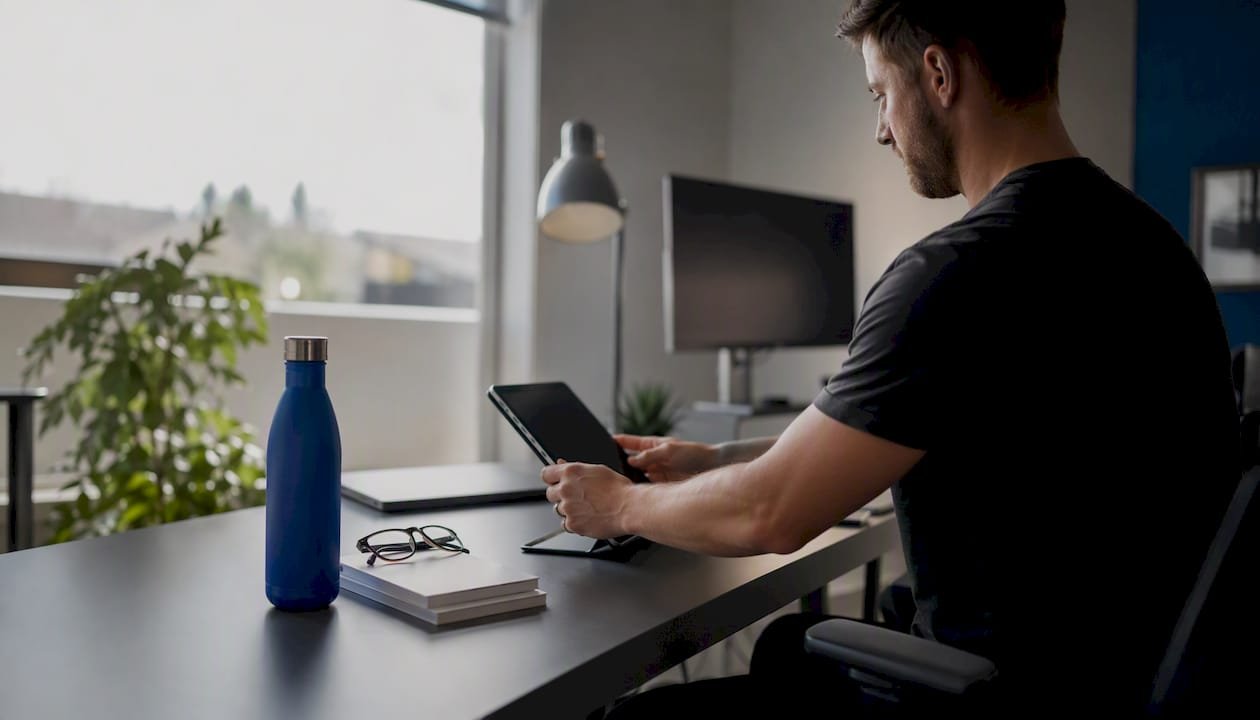 Workspace with hand placing smartphone on charger