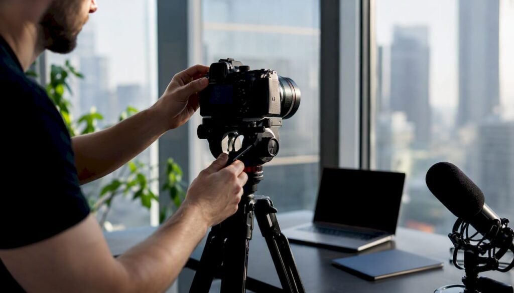 Hands adjusting camera on tripod in studio