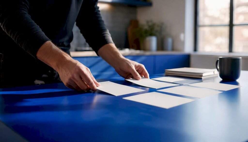Hands organizing data printouts on office table