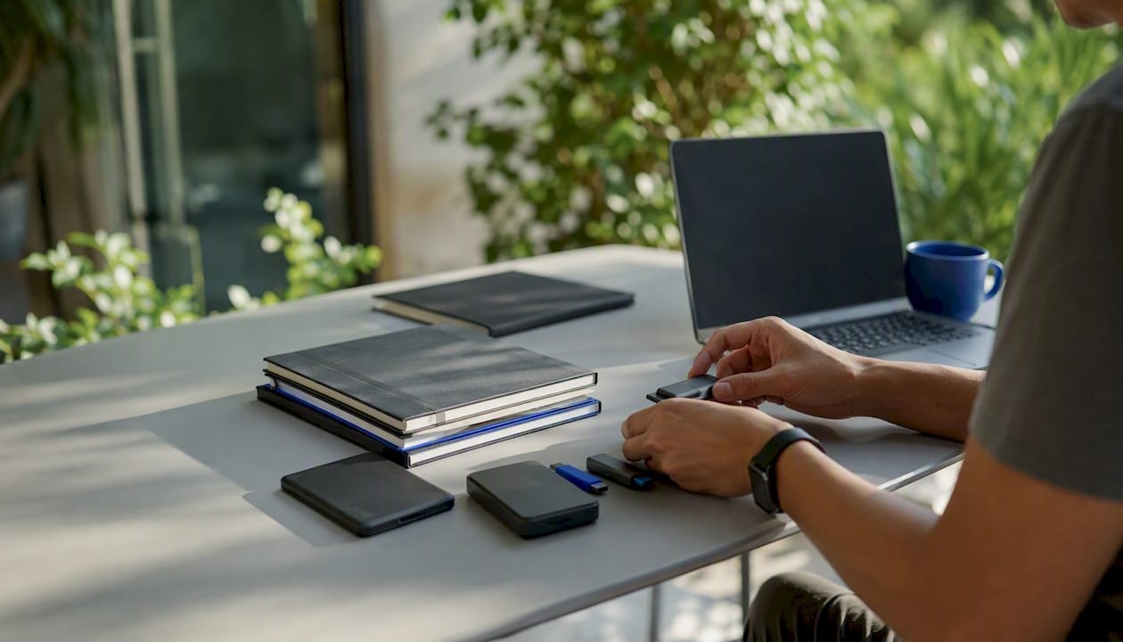 Hands managing unbranded data devices on table