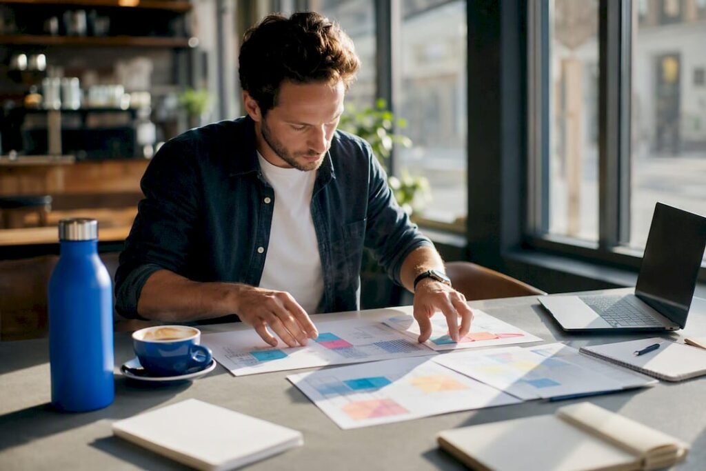 Hands arranging affiliate site planning materials