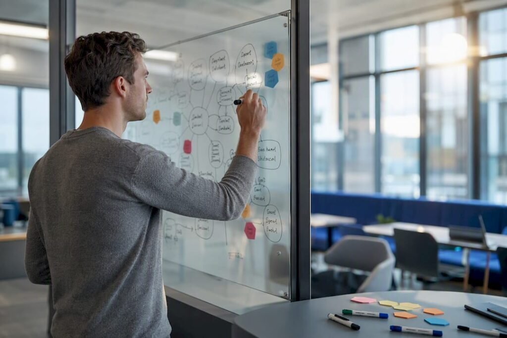 Hands mapping affiliate marketing topic clusters on whiteboard