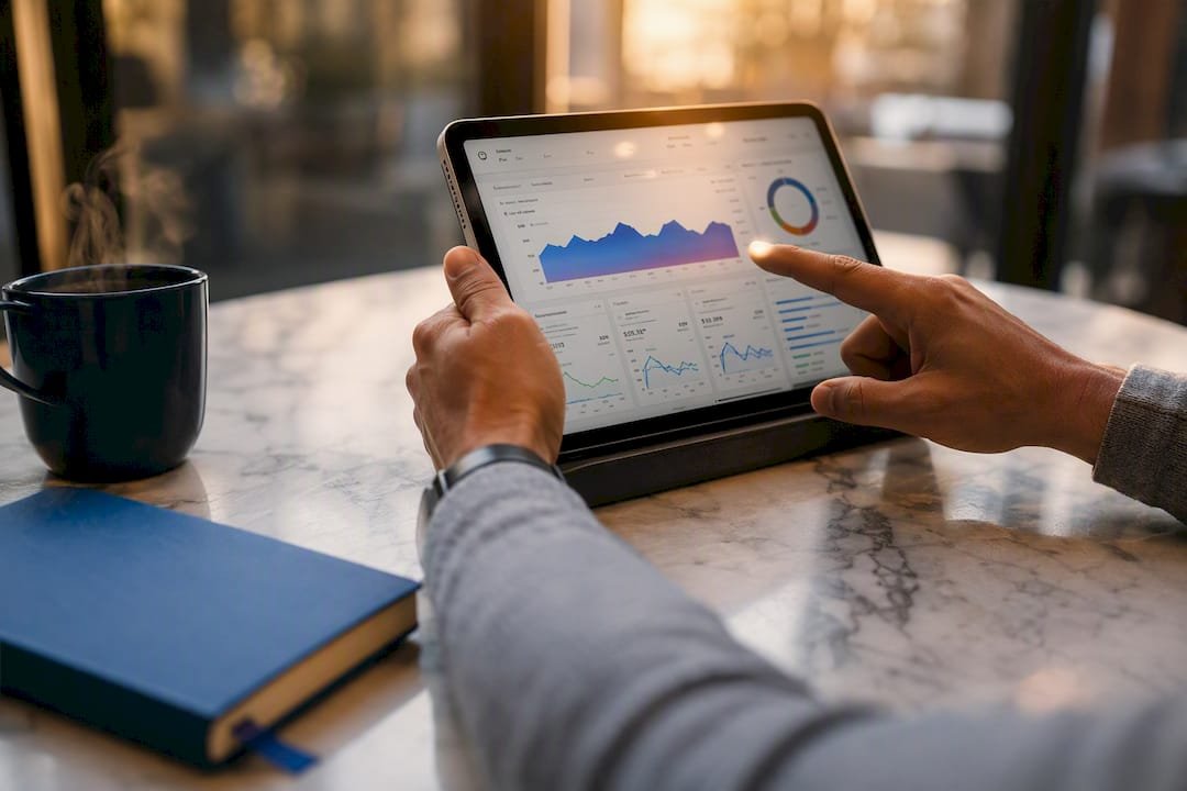Hands pointing at AI affiliate marketing dashboard