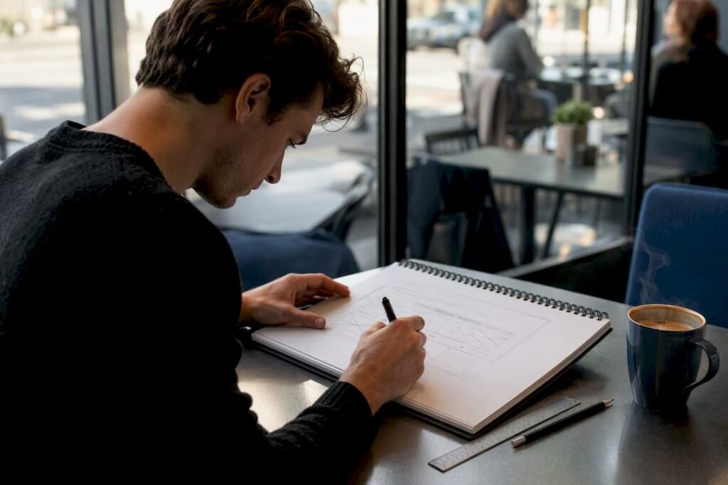 Hands sketching bridge page wireframe