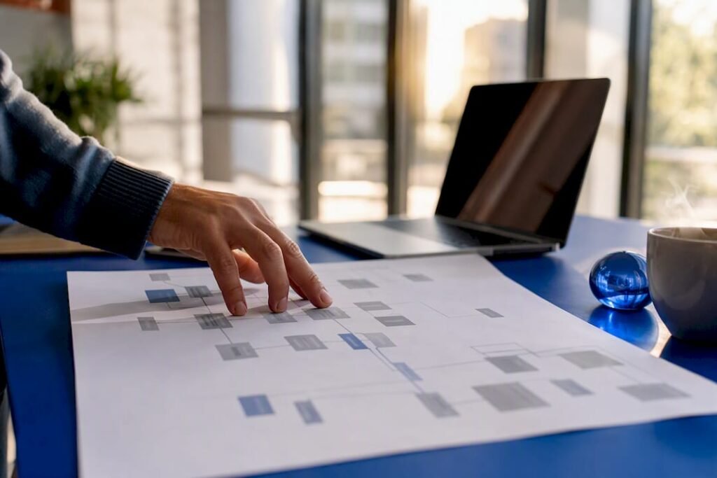 Hand inspecting website sitemap with magnifying glass