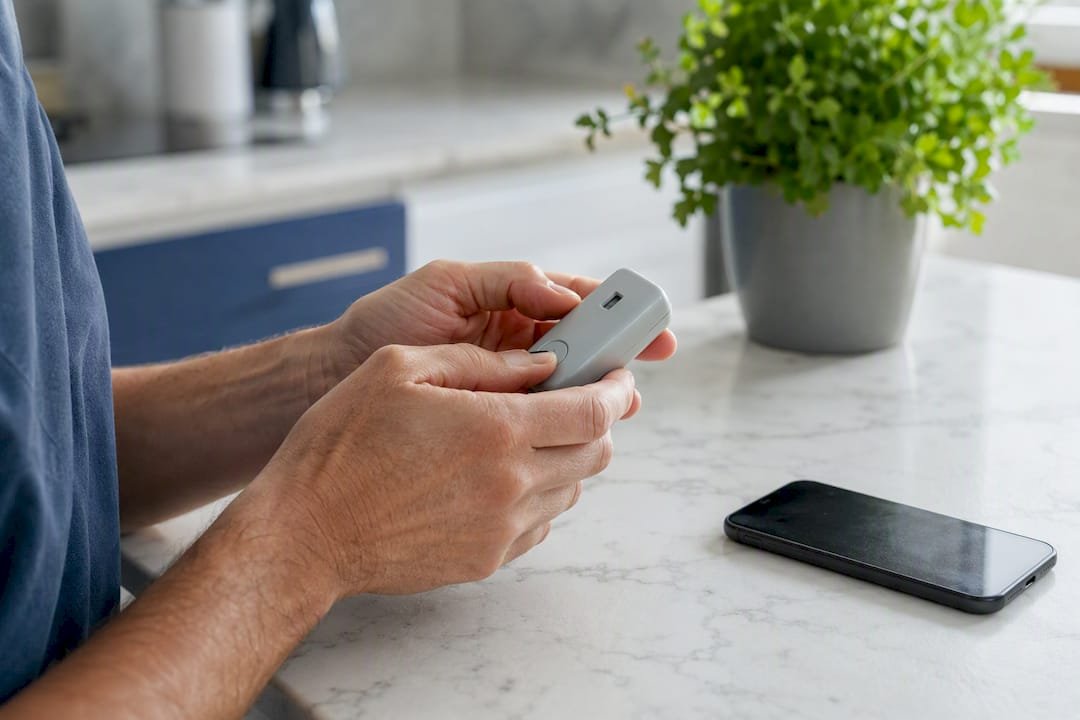 User hands holding product in home setting