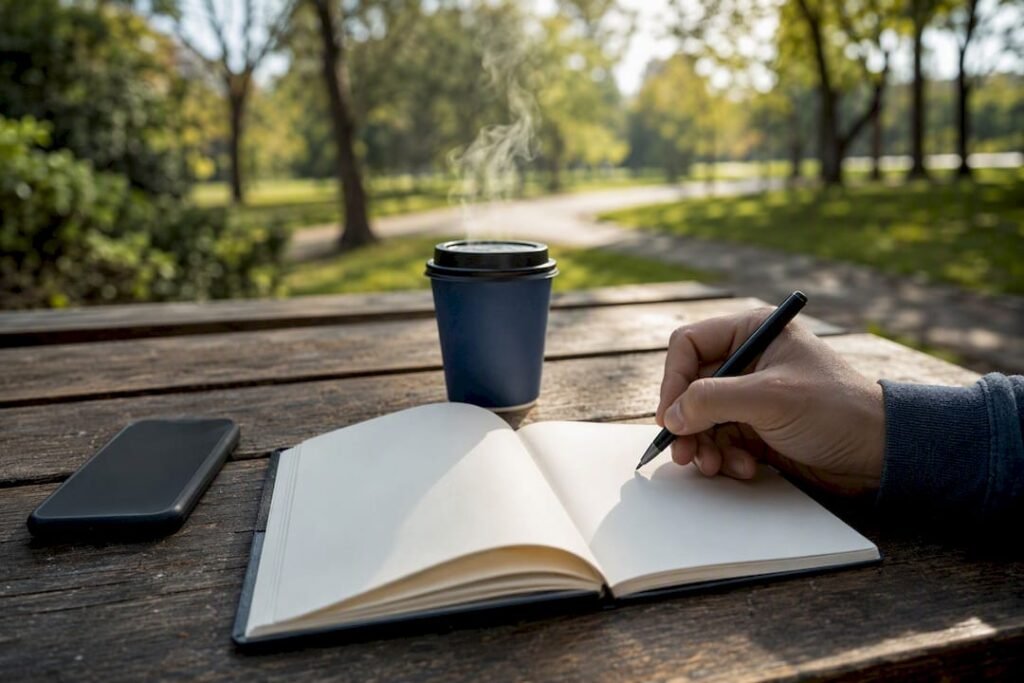 Hand poised to write on blank notebook at desk