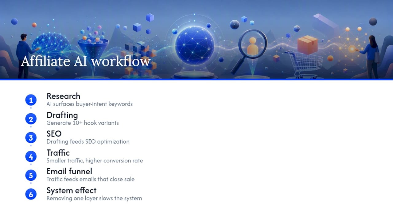 Five-stage AI affiliate marketing workflow