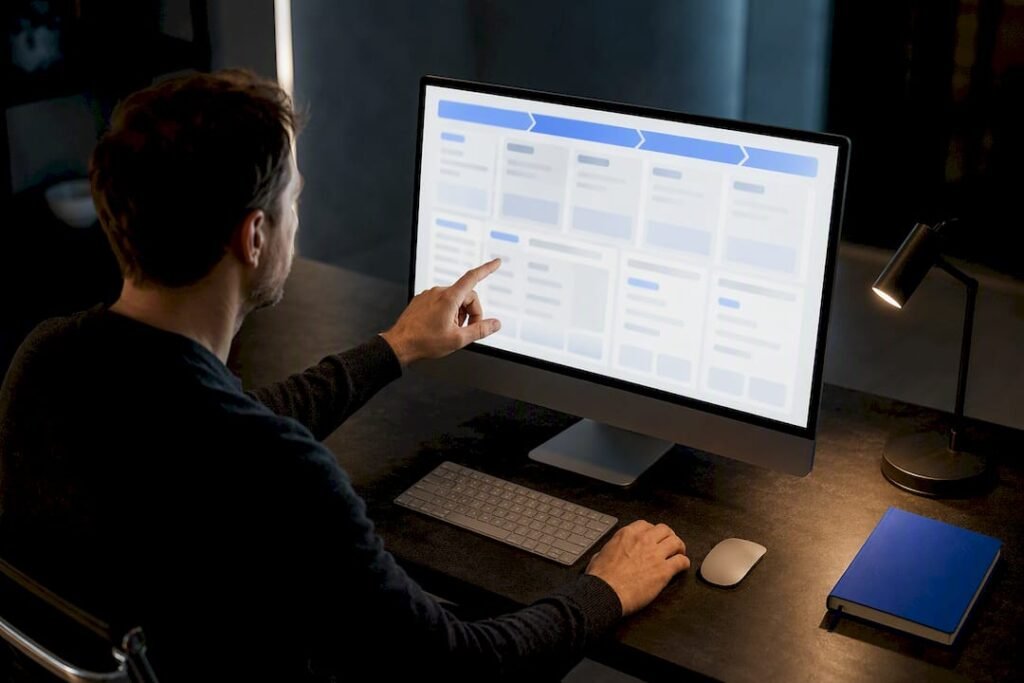 Marketer reviewing structured AI content workflow