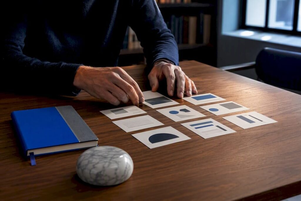 Hands arranging product review template cards