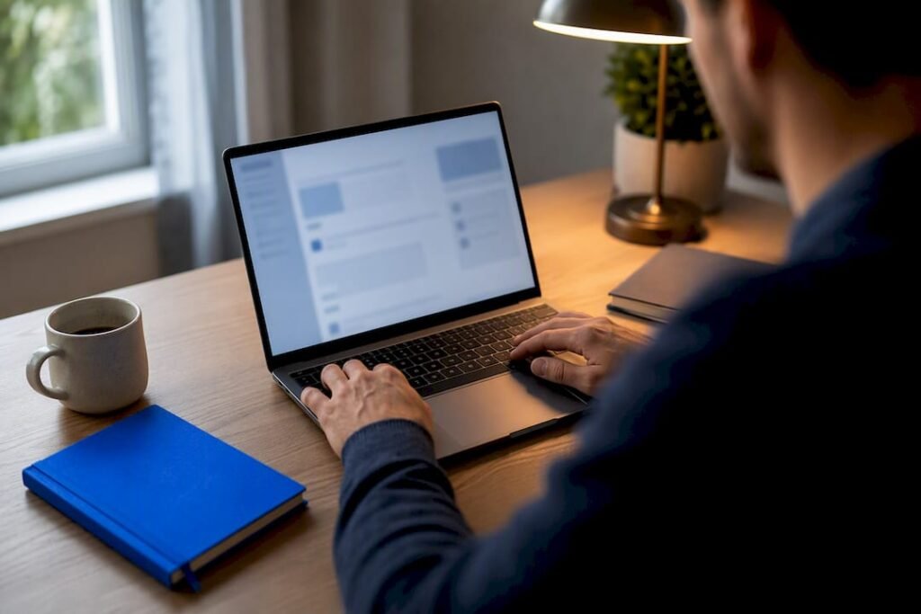 Marketer researching questions on laptop