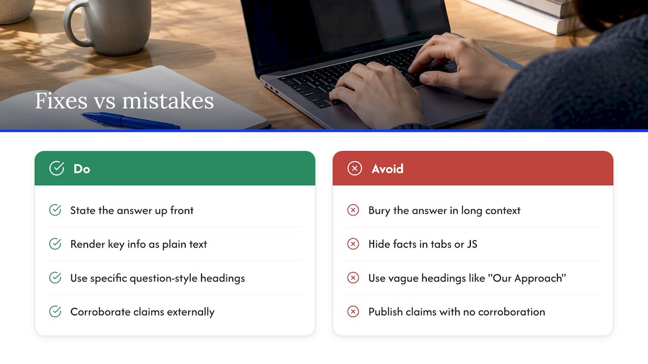 Common mistakes that keep content out of AI answers — overview diagram